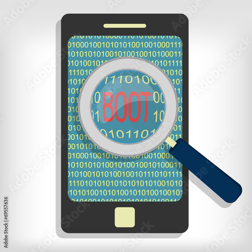 Magnifying glass showing boot message on smartphone