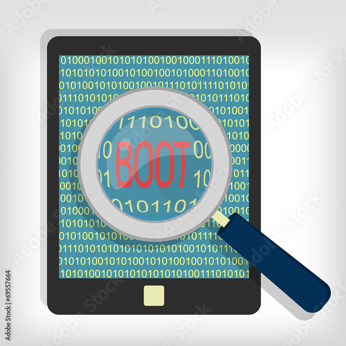 Magnifying glass showing boot message on tablet