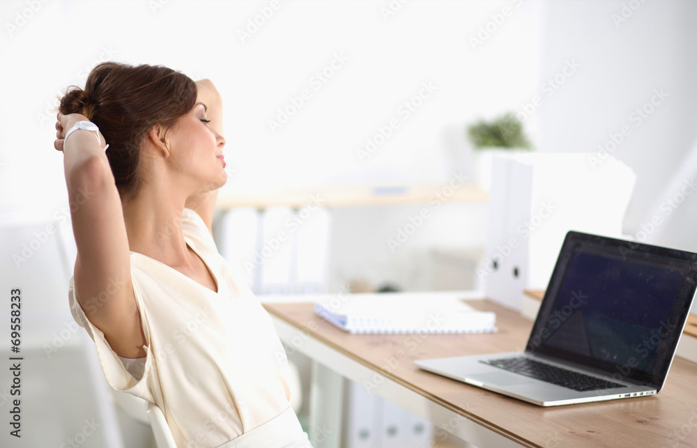 Thinking office worker day dreaming looking up smiling Thinking office worker day dreaming looking up smiling