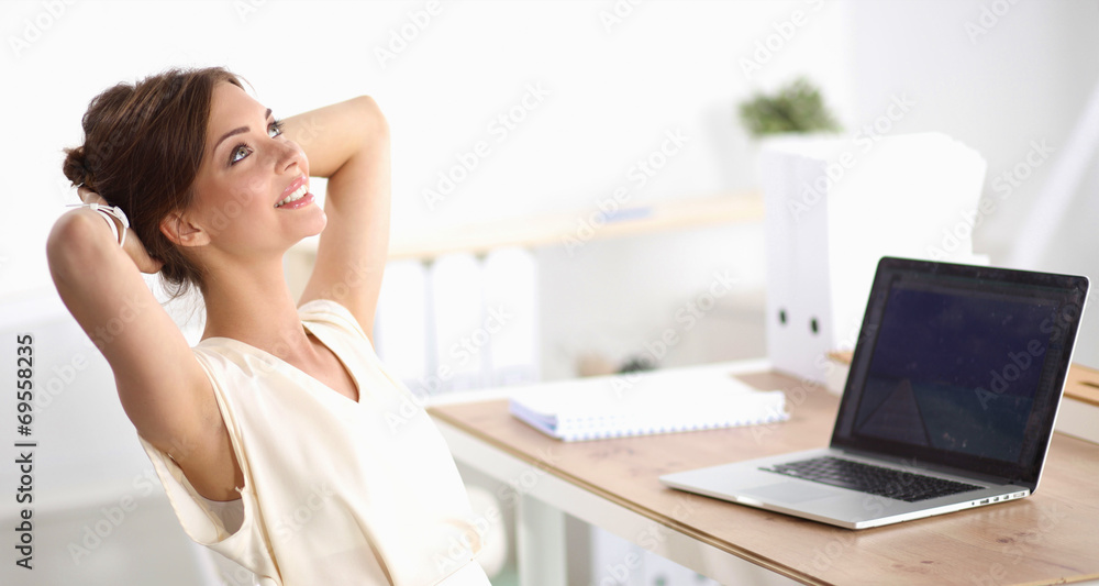 Thinking office worker day dreaming looking up smiling Thinking office worker day dreaming looking up smiling