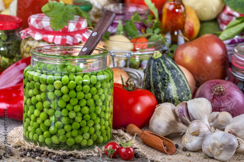 Canned peas with different fruits and vegetables