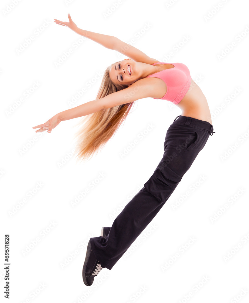 Young happy woman jumping high.