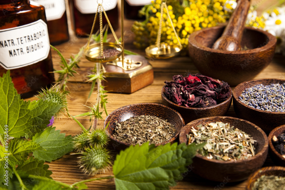  Fresh medicinal herbs on wooden 
