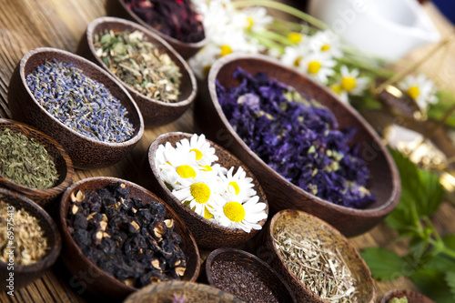 Herbs medicine and vintage wooden