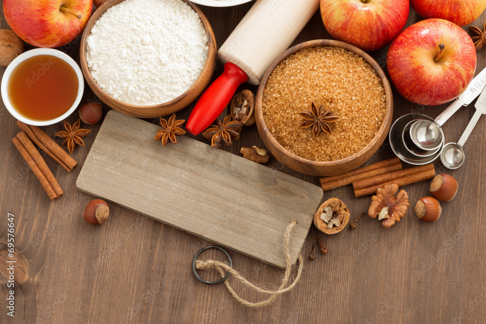 ingredients for baking apple pie and wooden nameplate, top view ingredients for baking apple pie and wooden nameplate, top view