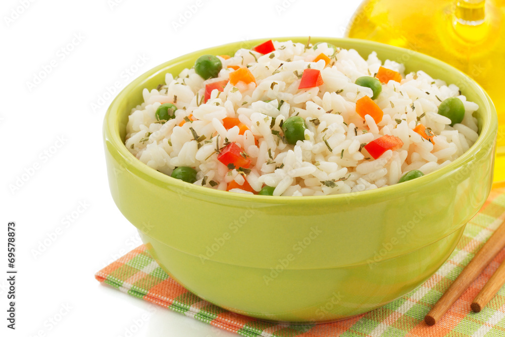 bowl full of rice on white