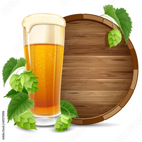 Glass of beer, barrel and hops