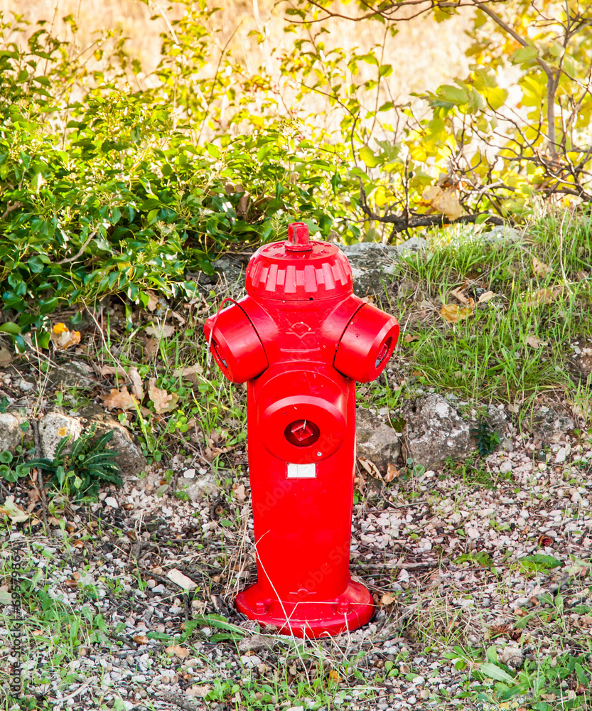 A red hydrant close to a field, in Provence - South of France A red hydrant close to a field, in Provence - South of France