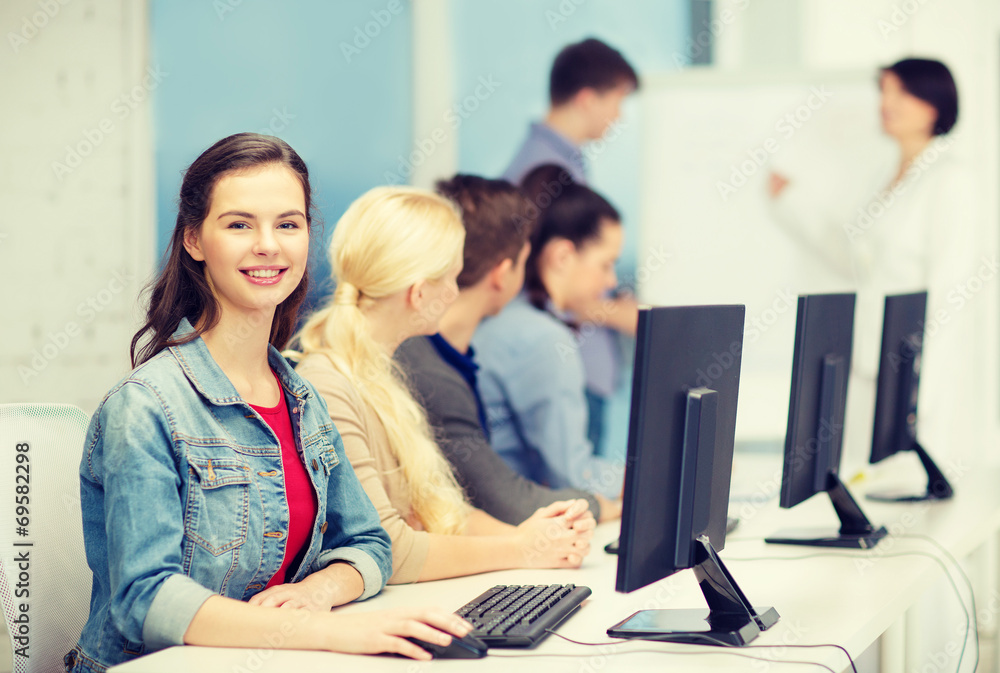smiling teenage girl with classmates and teacher smiling teenage girl with classmates and teacher