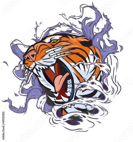 Fototapeta Naklejka Na Ścianę i Meble -  Roaring Tiger Head Ripping out Background