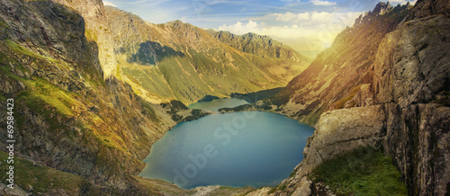 Panoramic view of mountain lakes in Tatra mountains