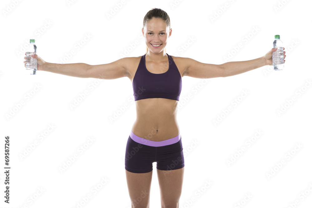 Healthy athletic woman promoting bottled water Healthy athletic woman promoting bottled water