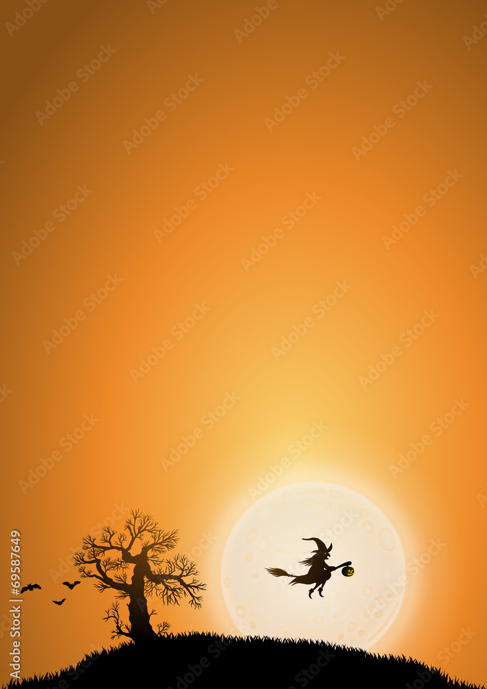 Hintergrund Halloween, Hexe, Mond, Baum, orange, Hochformat