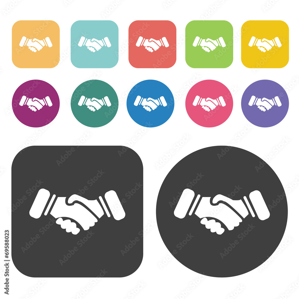 Shake hands icons set. Round and rectangle colourful 12 buttons. Shake hands icons set. Round and rectangle colourful 12 buttons.