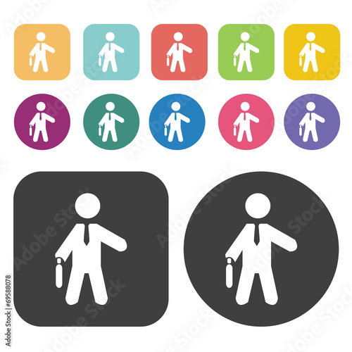 Man in suitcase icons set. Round and rectangle colourful 12 butt