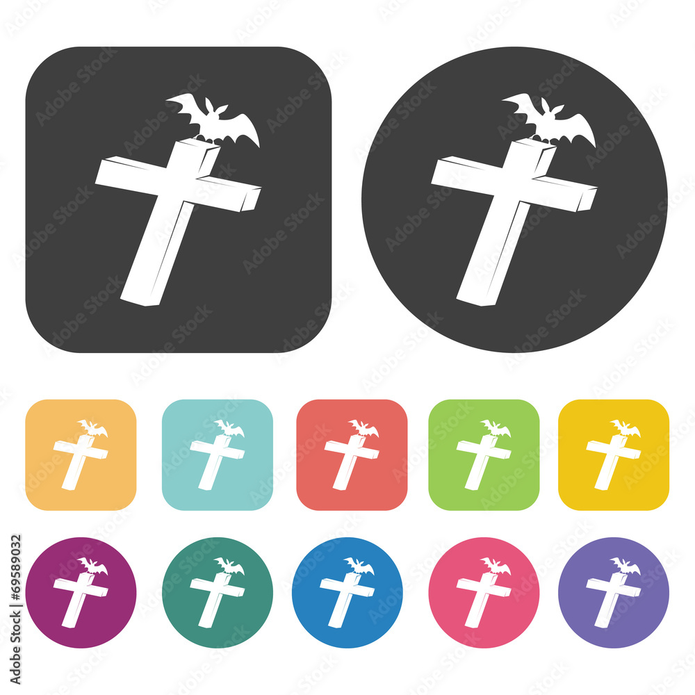 Holy cross and vampire bat icons set. Round and rectangle colour