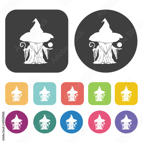 Witch icons set. Round and rectangle colourful 12 buttons. Vecto