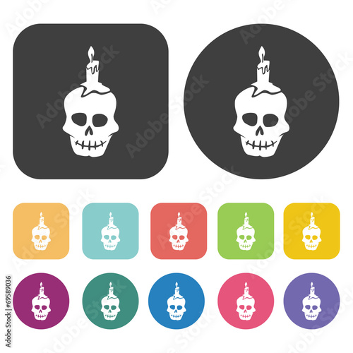 Skull with candle icons set. Round and rectangle colourful 12 bu