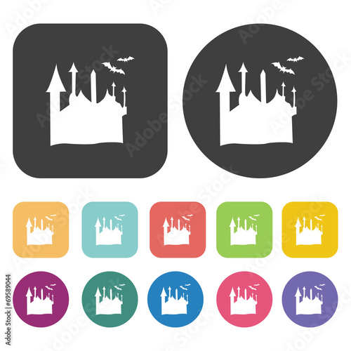 Halloween castle icons set. Round and rectangle colourful 12 but