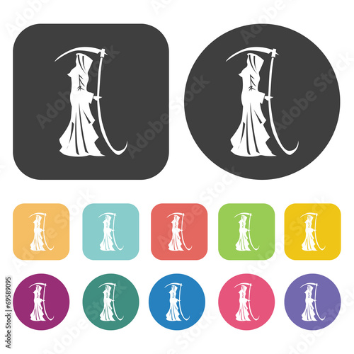 Death with scythes set. Round and rectangle colourful 12 buttons