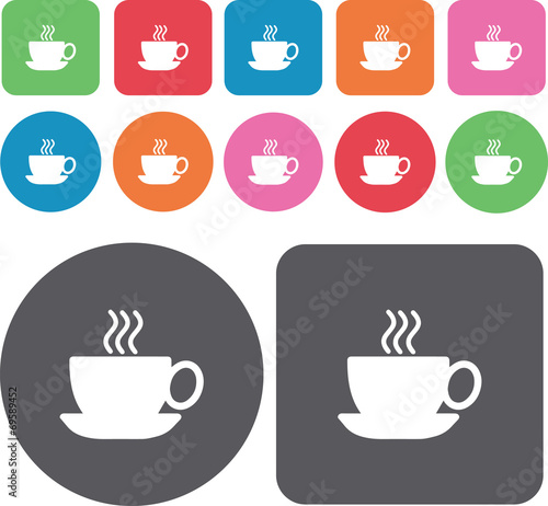 Hot coffee icons set. Round and rectangle colourful 12 buttons.