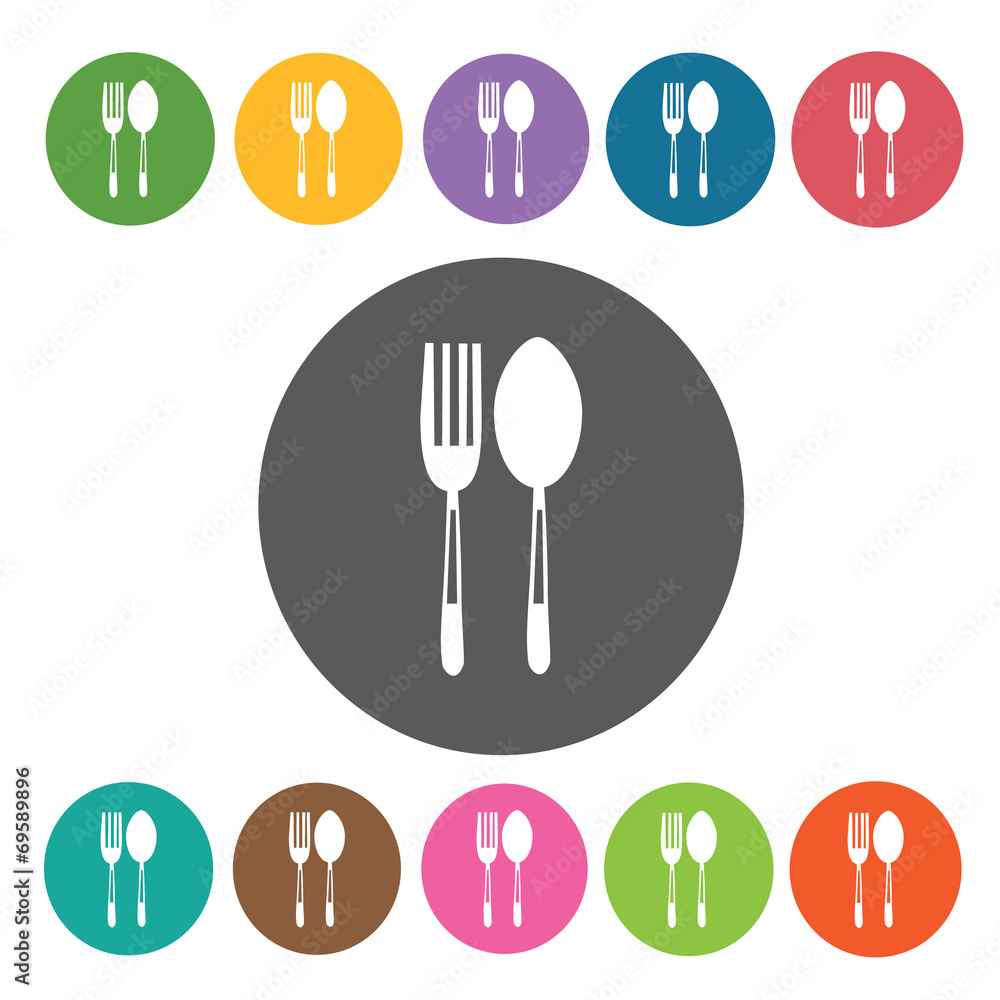 Spoon and fork icons set. Round colourful 12 buttons. Vector ill Spoon and fork icons set. Round colourful 12 buttons. Vector ill