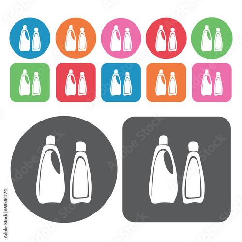 Bottle of bleach icons set. Round colourful 12 buttons. Vector i