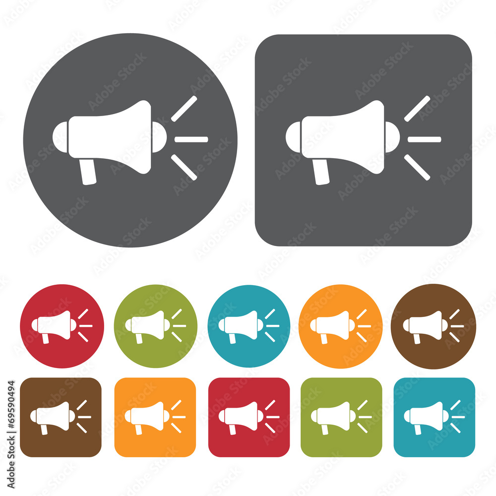 Megaphone icons set. Round and rectangle colourful 12 buttons. V