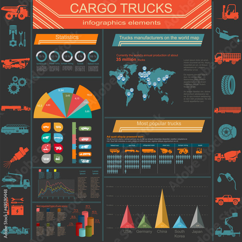 Cargo transportation infographics, trucks, lorry. Elements infog