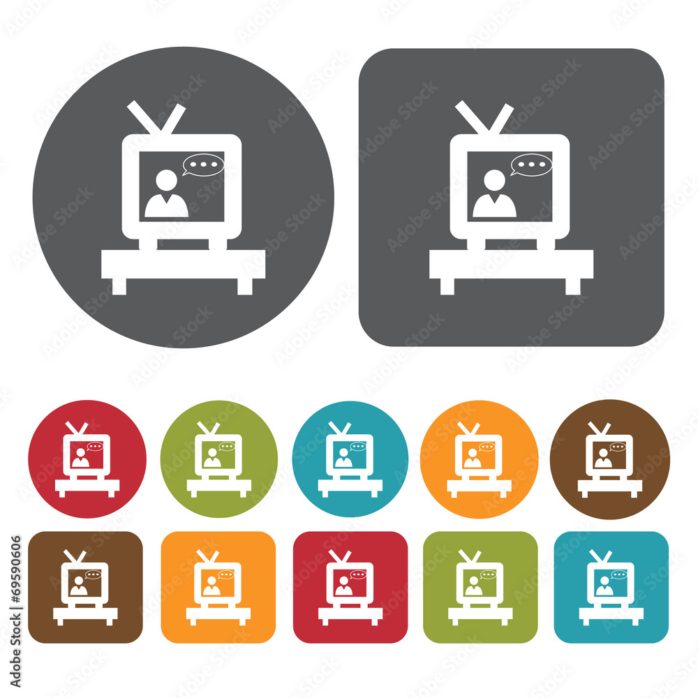 Newscaster on tv icons set. Round and rectangle colourful 12 but Newscaster on tv icons set. Round and rectangle colourful 12 but