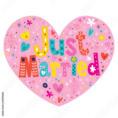 Just Married heart shaped typography lettering text heart card