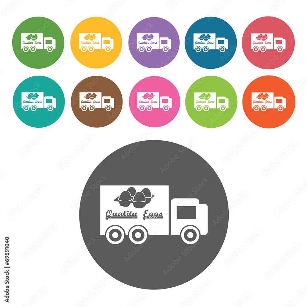 Egg delivery van icons set. Round colourful 12 buttons. Vector i Egg delivery van icons set. Round colourful 12 buttons. Vector i