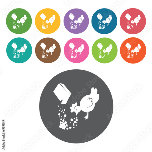 Feeding chicken icons set. Round colourful 12 buttons. Vector il
