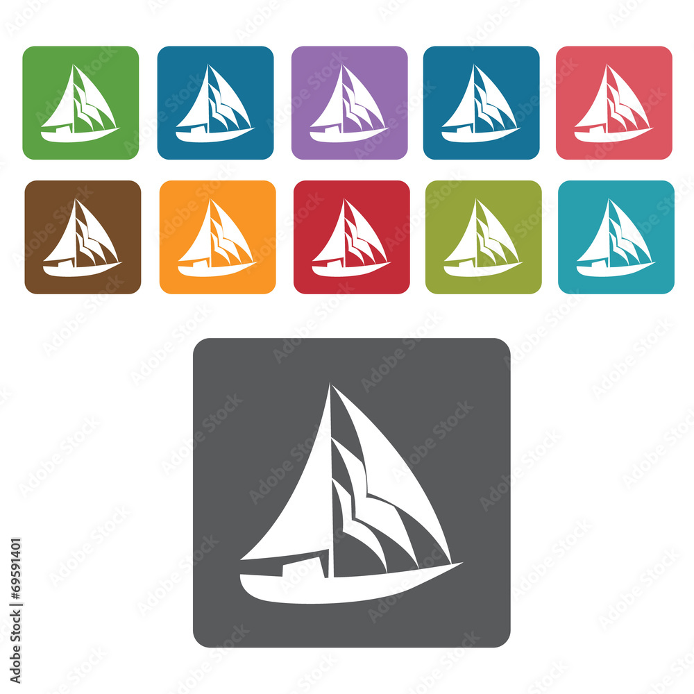 Sail boat icons set. Rectangle colourful 12 buttons. Vector illu