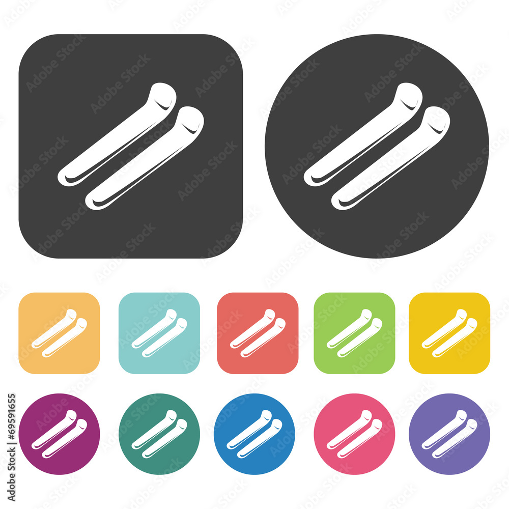 Ski set icons set. Round and rectangle colourful 12 buttons. Vec Ski set icons set. Round and rectangle colourful 12 buttons. Vec
