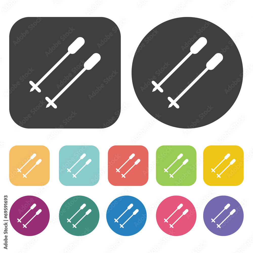 Ski stick icons set. Round and rectangle colourful 12 buttons. V Ski stick icons set. Round and rectangle colourful 12 buttons. V