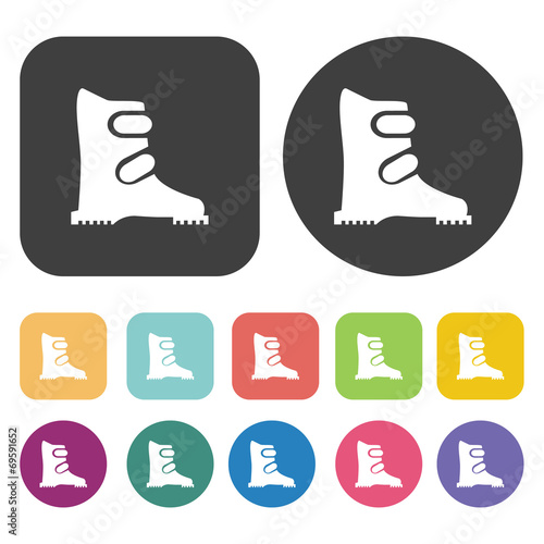 Winter boots icons set. Round and rectangle colourful 12 buttons