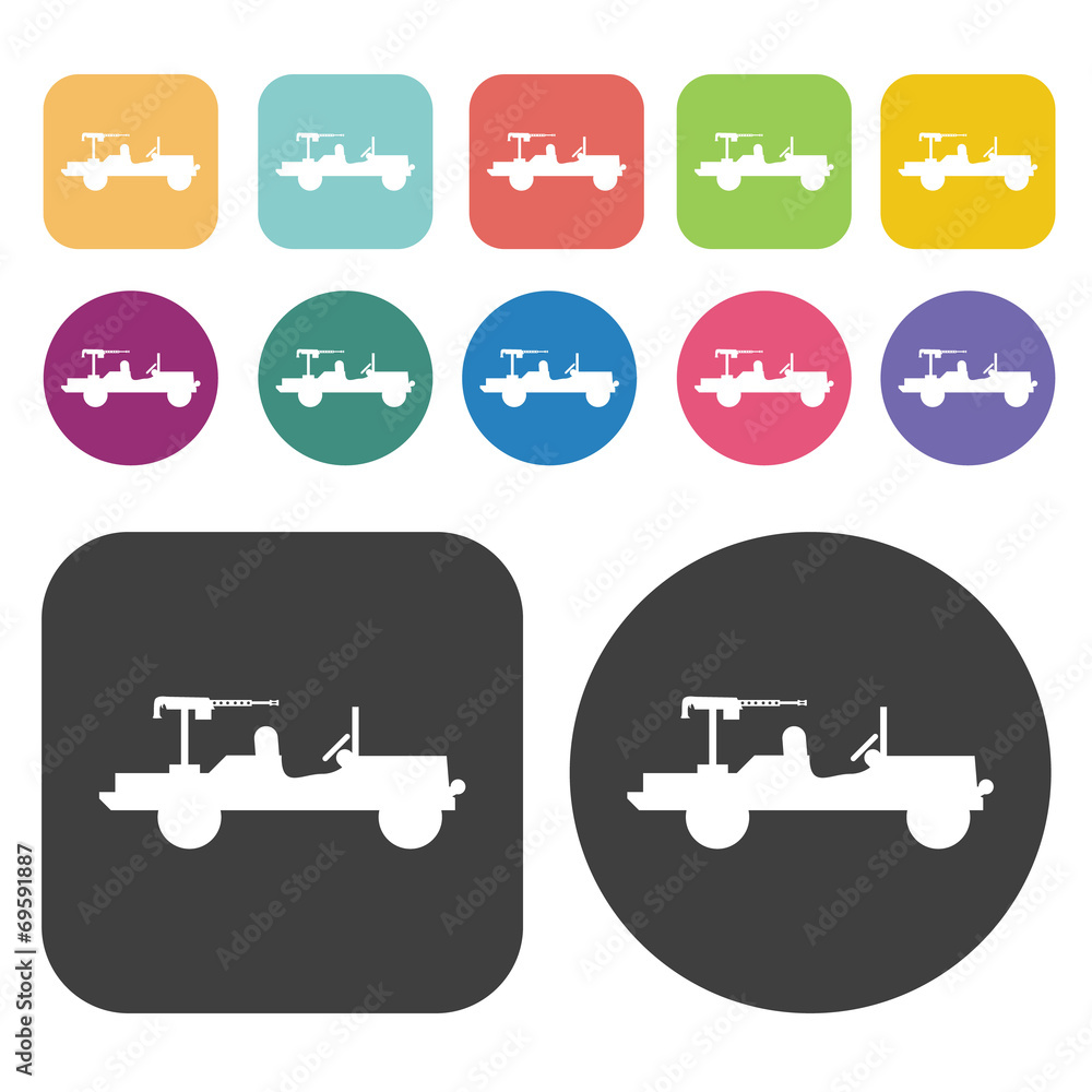 Jeep with machine gun icons set. Round and rectangle colourful 1 Jeep with machine gun icons set. Round and rectangle colourful 1