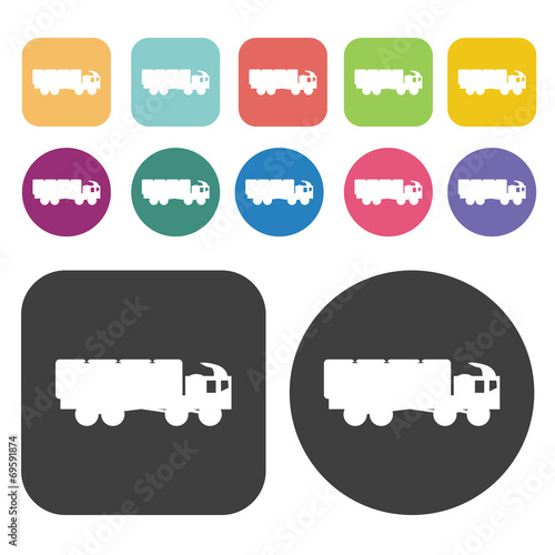 Military truck icons set. Round and rectangle colourful 12 butto