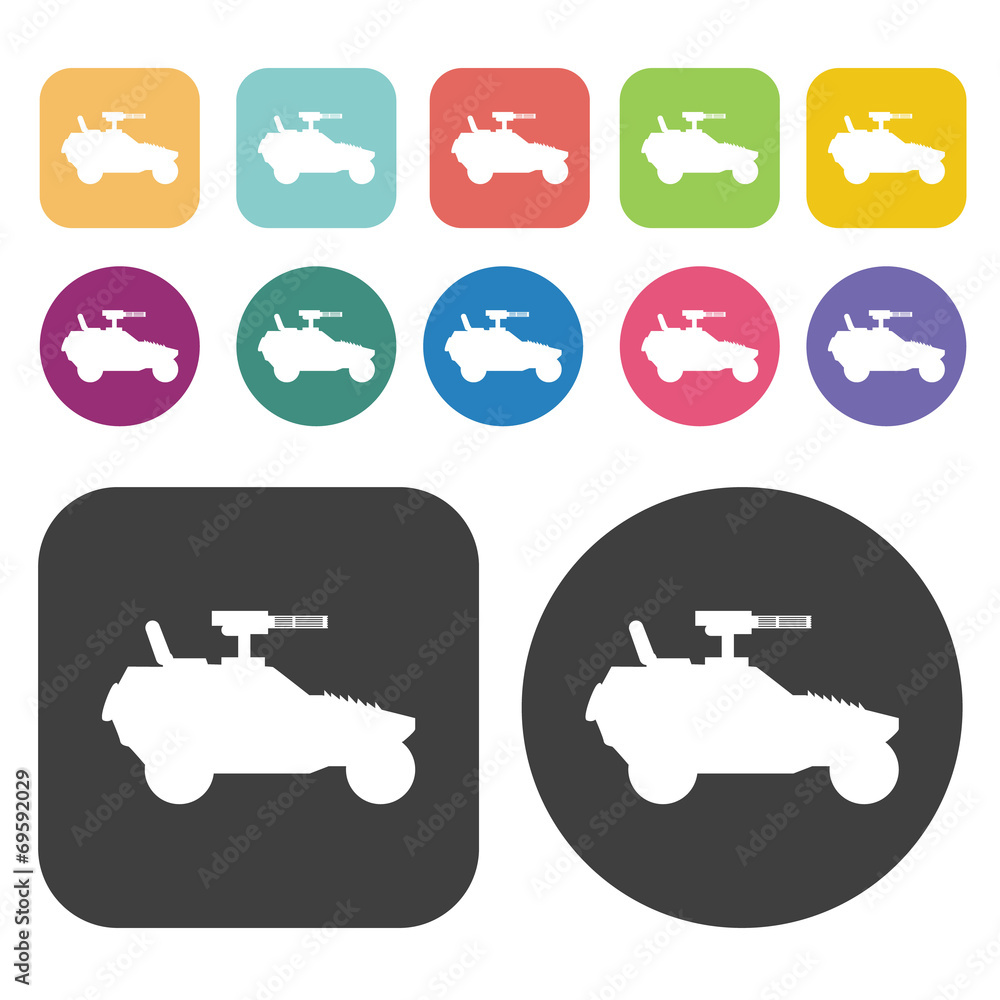 Military off-road car icons set. Round and rectangle colourful 1 Military off-road car icons set. Round and rectangle colourful 1