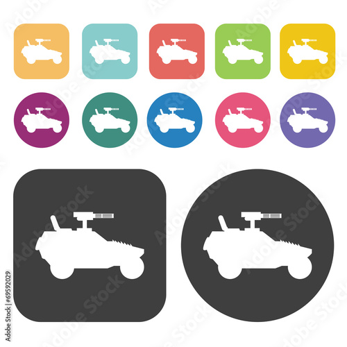 Military off-road car icons set. Round and rectangle colourful 1