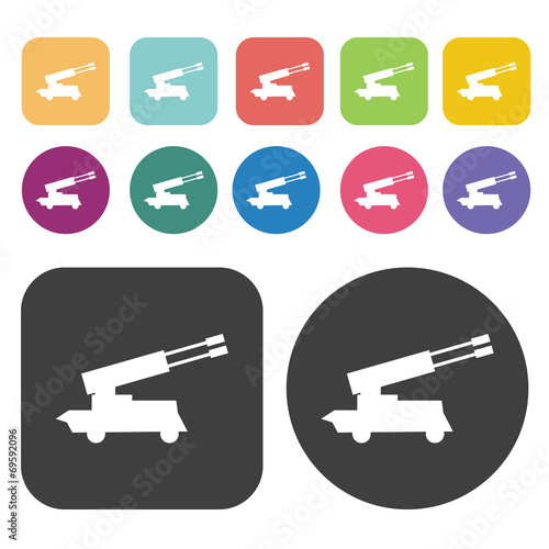 Army artillery cannon icons set. Round and rectangle colourful 1