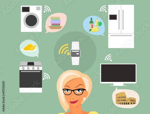 Blond woman thinking about smart gadgets at home and