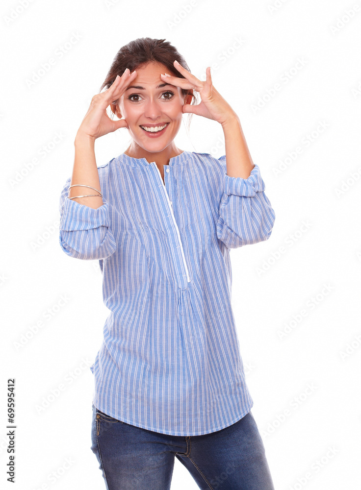 Surprised young brunette with funny face Surprised young brunette with funny face