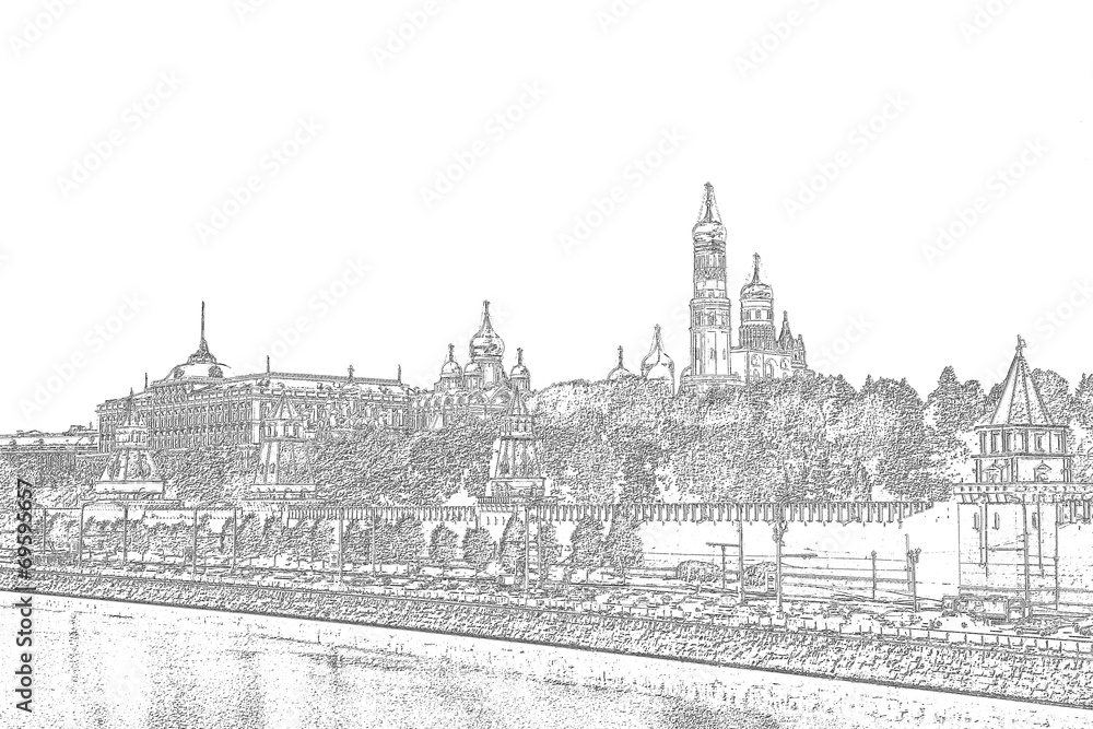 Black and white drawing of the Moscow Kremlin