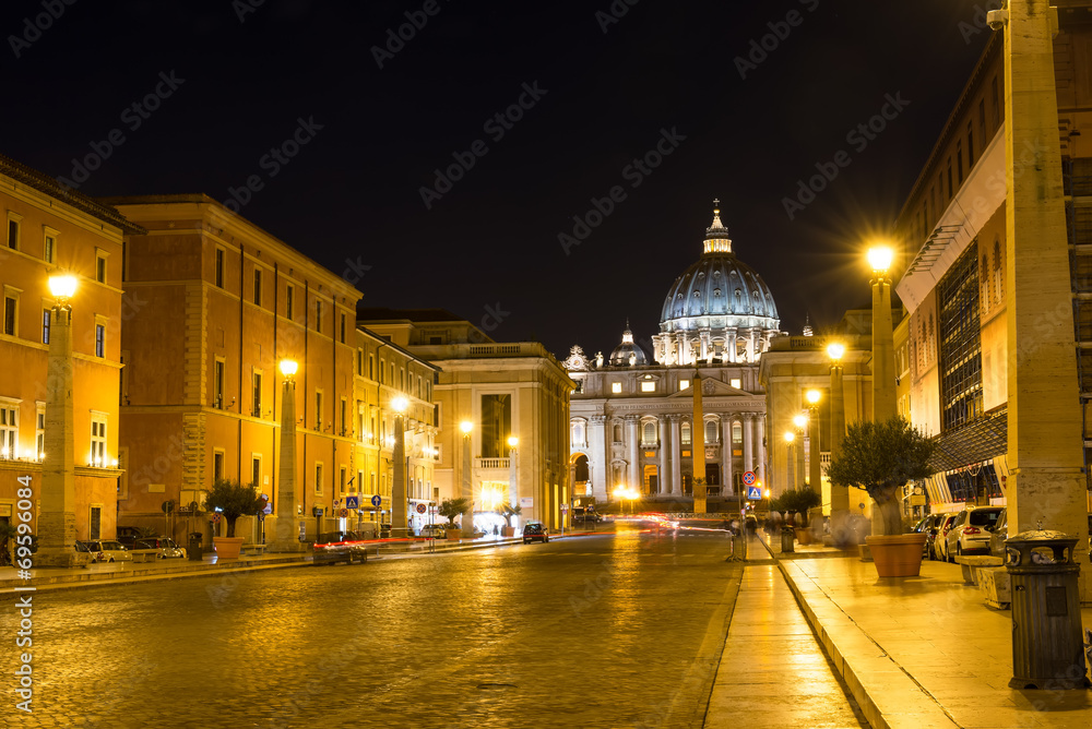 Night view of the St. Peter's Basilica in Rome, Vatican. Italy