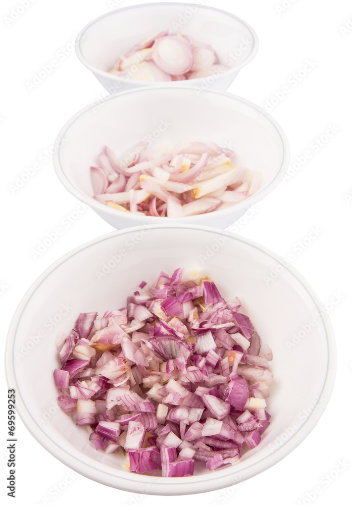 Different shape of chopped onions in bowls Different shape of chopped onions in bowls