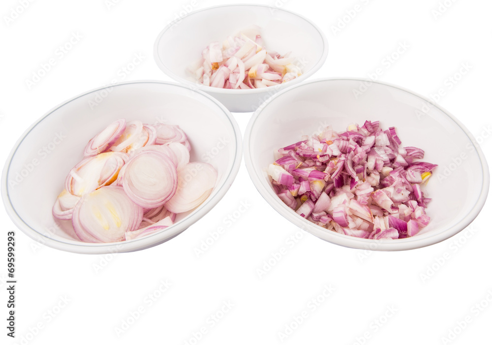 Different shape of chopped onions in bowls Different shape of chopped onions in bowls