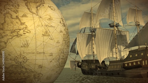 Vintage Rotating Globe  with old sailing ship