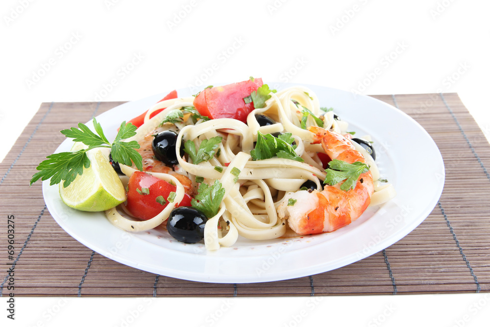 Fresh prawns with spaghetti, olives, tomatoes and parsley in a Fresh prawns with spaghetti, olives, tomatoes and parsley in a